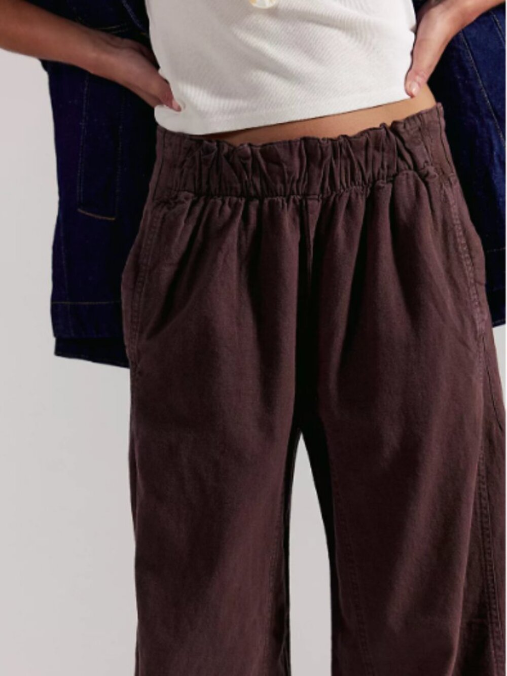 Free People Day's End Linen Pull on Pants- Mid Rise Wide Leg Double Espresso - Picture 3 of 7